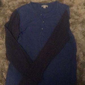 JCrew blue Henley with gray sleeves.  Size S